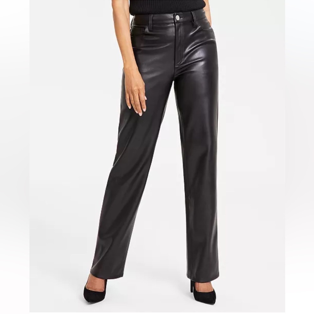 Black I.N.C. International Concepts Petite Faux-Leather Straight-Leg Pants